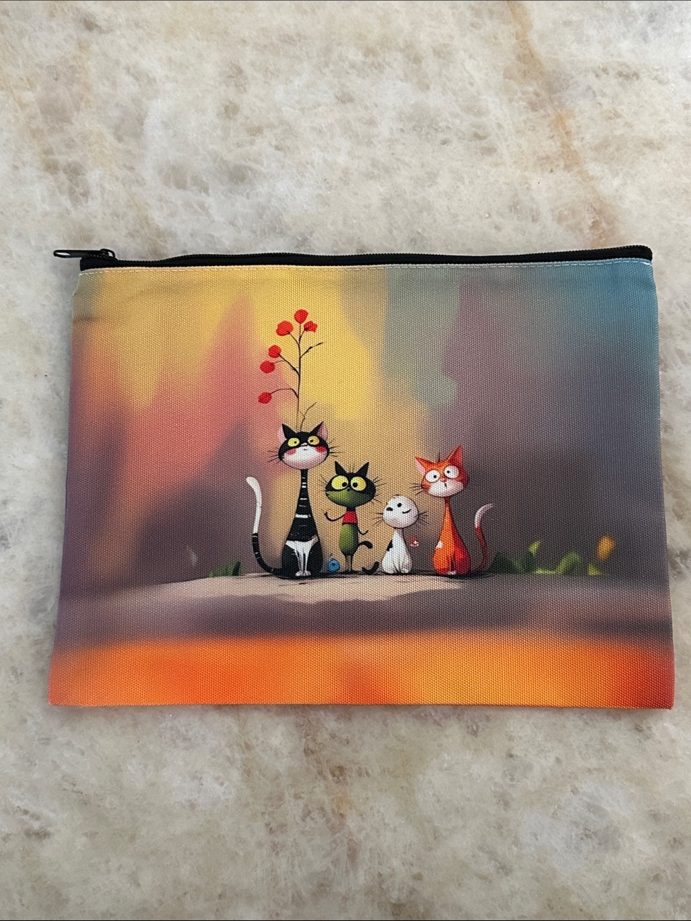 Cat Illustration Zipper Pouch - Multicolor